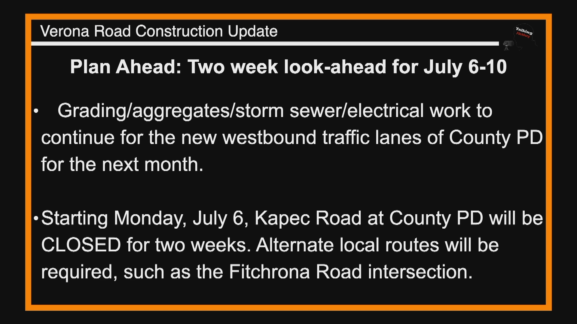 Thumbnail image for TFR Verona Rd Construction Update 6-29-20